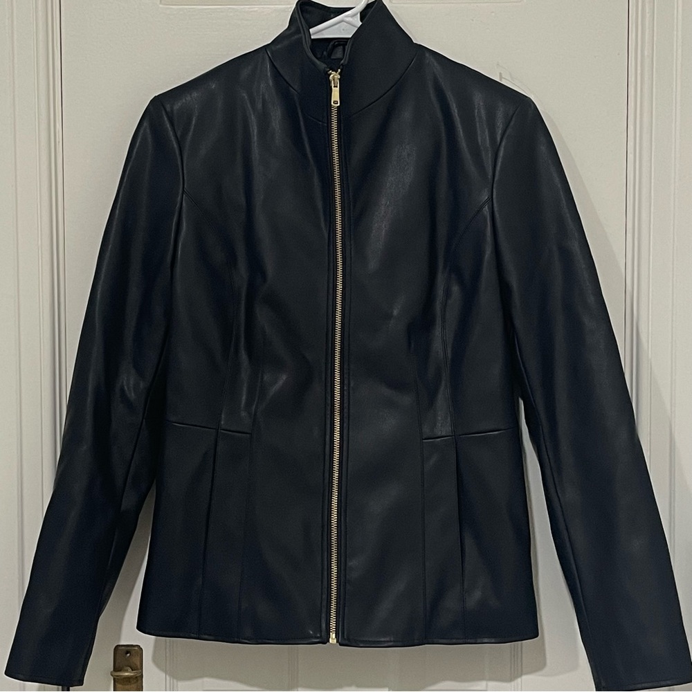 NWOT Cole Haan Signature Dark Navy Faux Leather Jacket Size XS Dark Blue